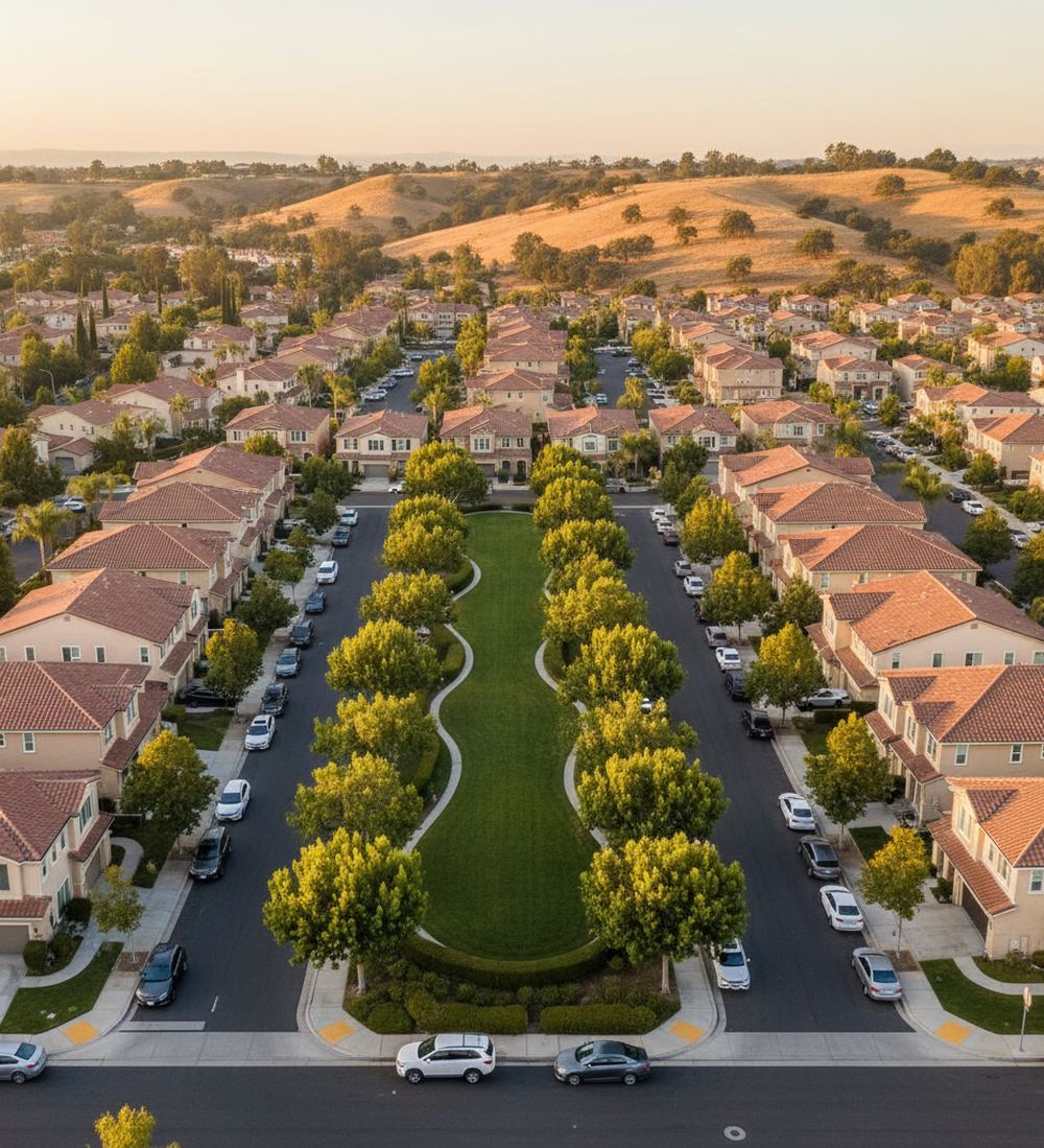 Aerial view of a tree-lined green median between streets of tile-roofed townhouses, with dry golden hills beyond at sunset