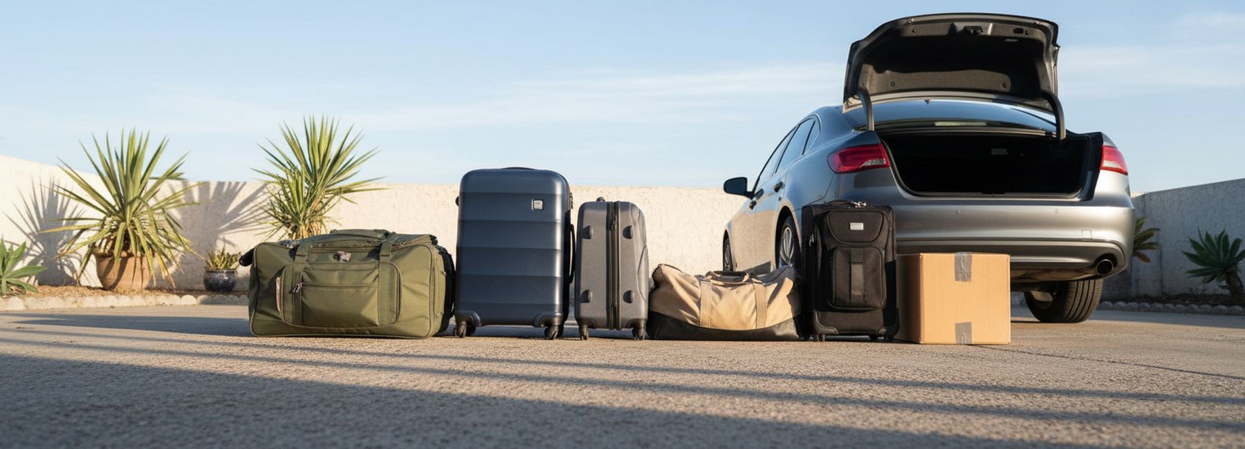 Duffel bags, hard suitcases, a soft roller case and a taped box lined up on pavement behind a gray sedan with its trunk open