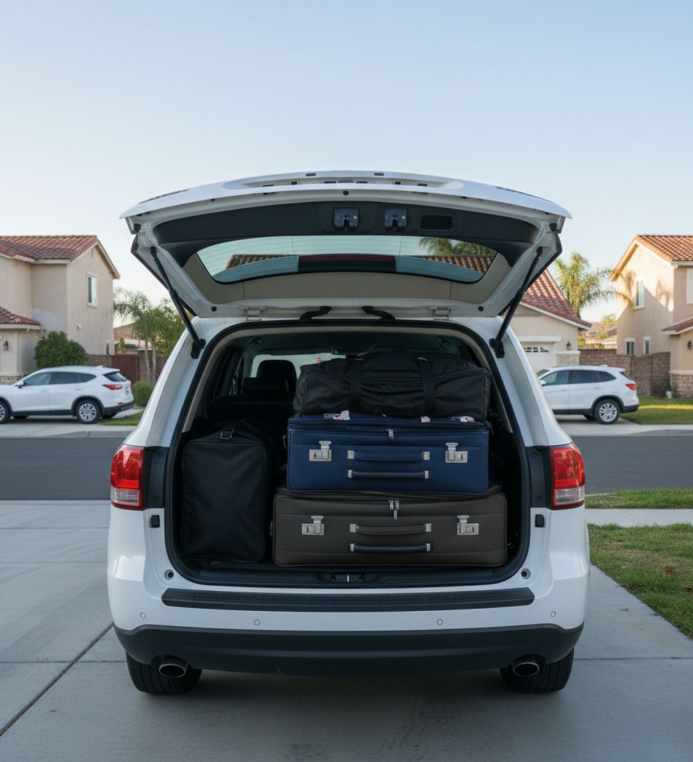 White SUV with its liftgate raised, a duffel and three suitcases stacked in the cargo area on a driveway lined with stucco houses