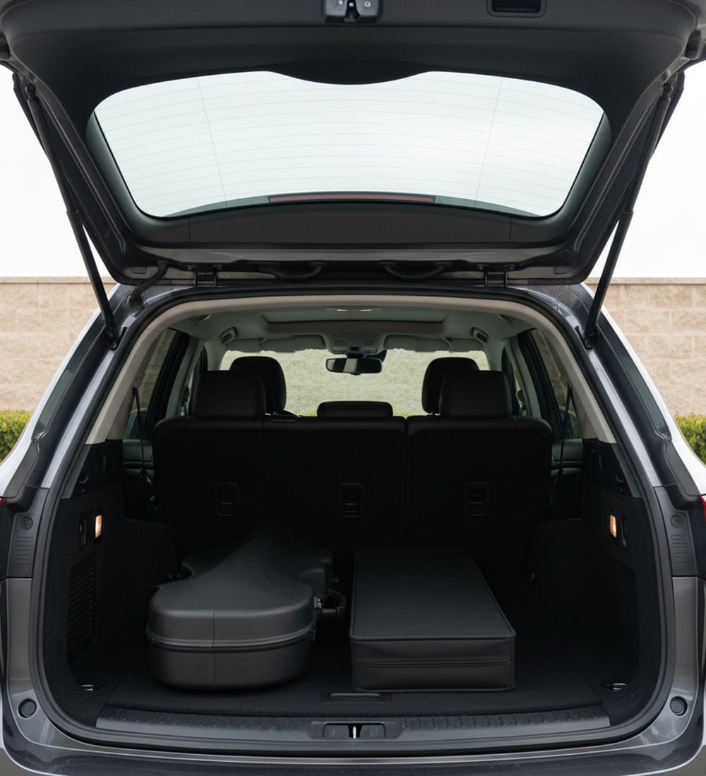 Open tailgate of a gray SUV with a black contoured cello case and a flat keyboard case in the cargo area, beige block wall behind