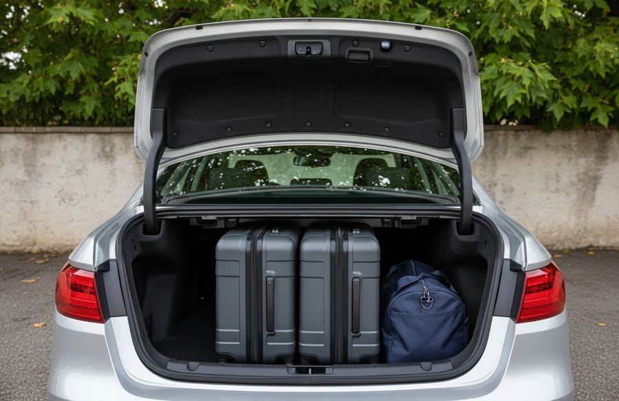 Silver sedan with its trunk open, two gray hard-shell suitcases and a navy duffel packed side by side inside