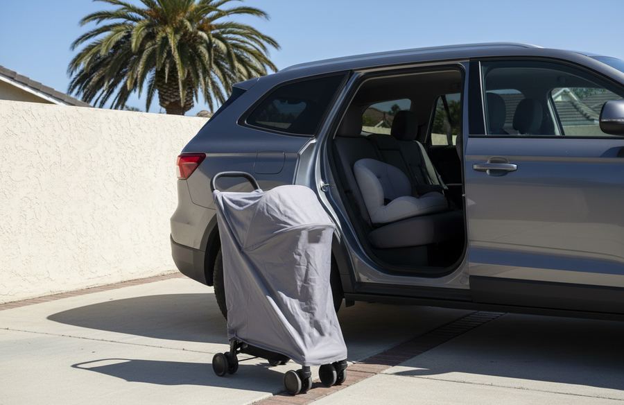 Stroller under a gray travel cover beside a gray SUV with its rear door open and a booster cushion on the back seat