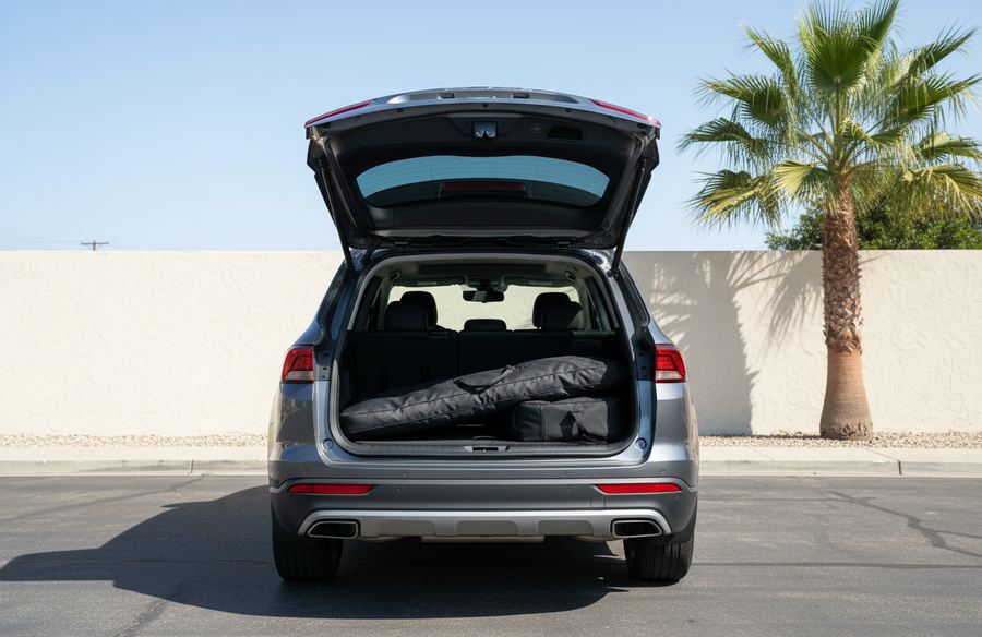 Gray SUV with its tailgate open, a long black padded board bag and a smaller gear bag in the cargo area, beside a palm and stucco wall