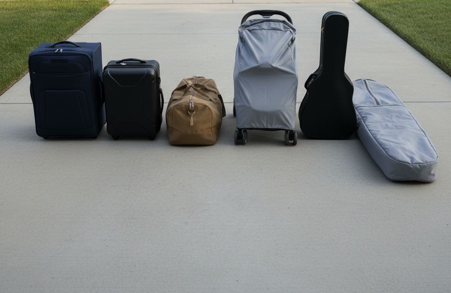 Two suitcases, a canvas duffel, a covered stroller, a guitar case and a long padded gear bag lined up on a concrete driveway