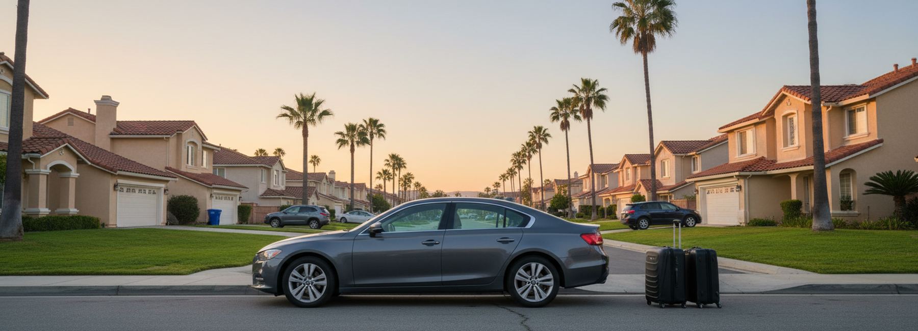 Gray sedan waiting at a curb on a palm-lined residential street at dawn, two black rolling suitcases standing beside it