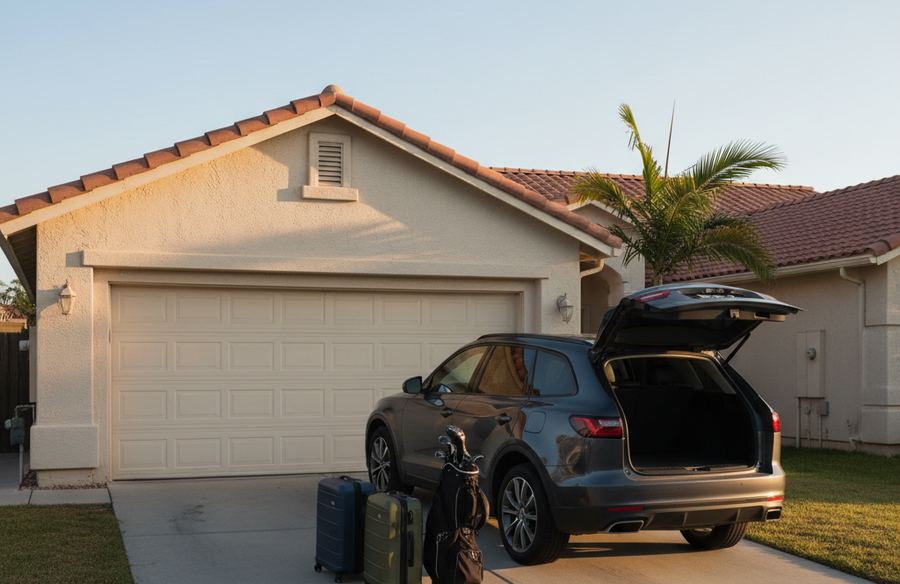 Gray SUV with its tailgate raised in a home driveway, two suitcases and a golf bag waiting beside it in low evening sun