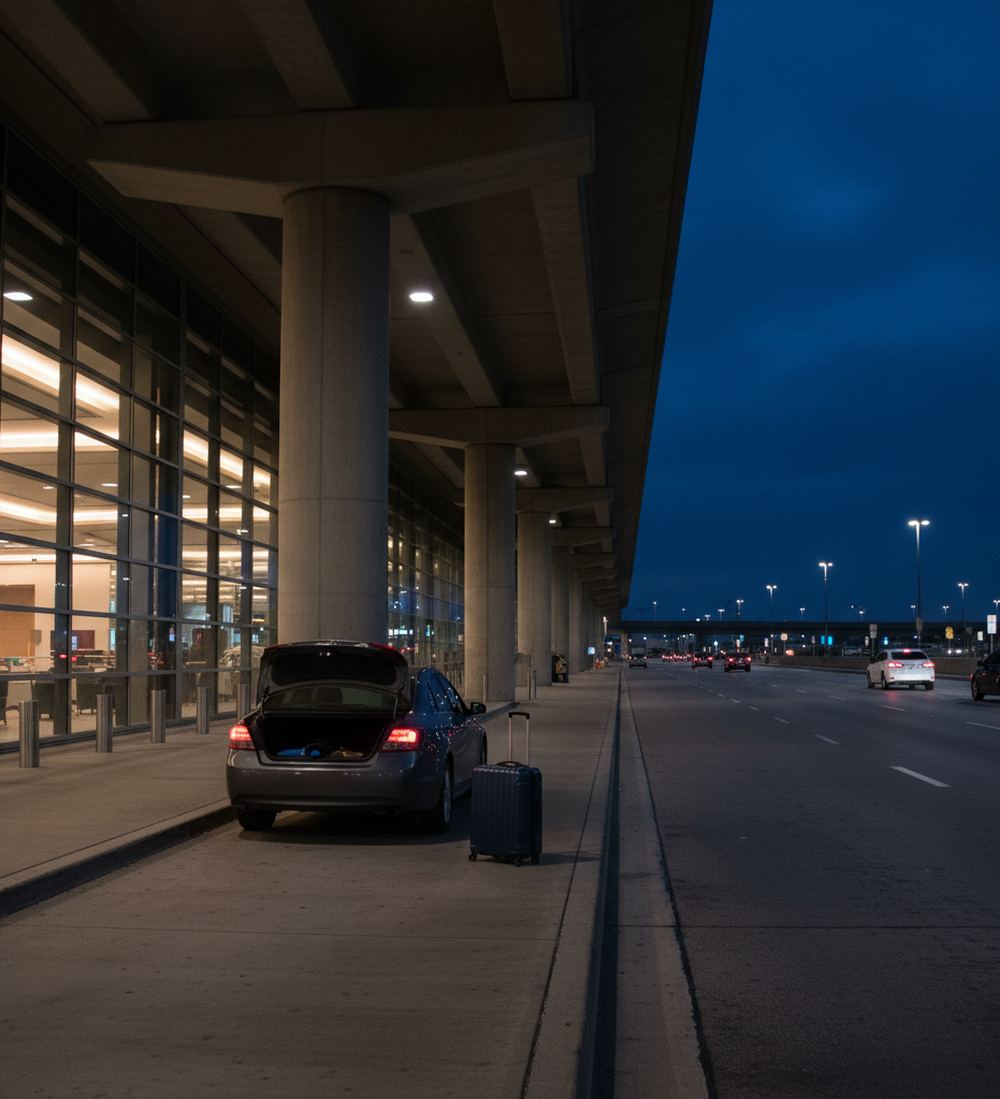Sedan with an open trunk and a navy suitcase at a large airport terminal curb under the concrete upper roadway at night