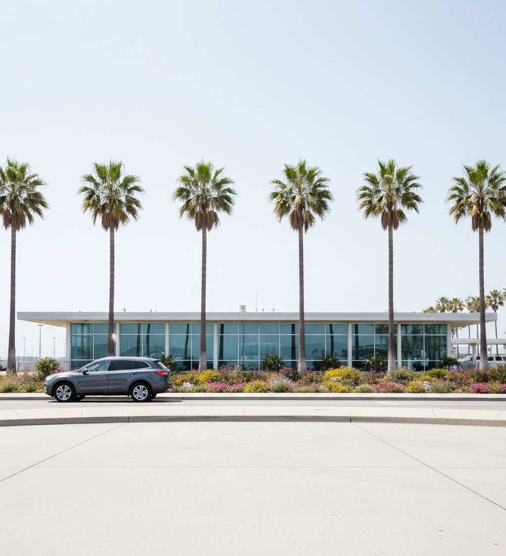 A low glass terminal building behind a row of tall palms and flower beds, with a gray SUV passing along the curb road in front