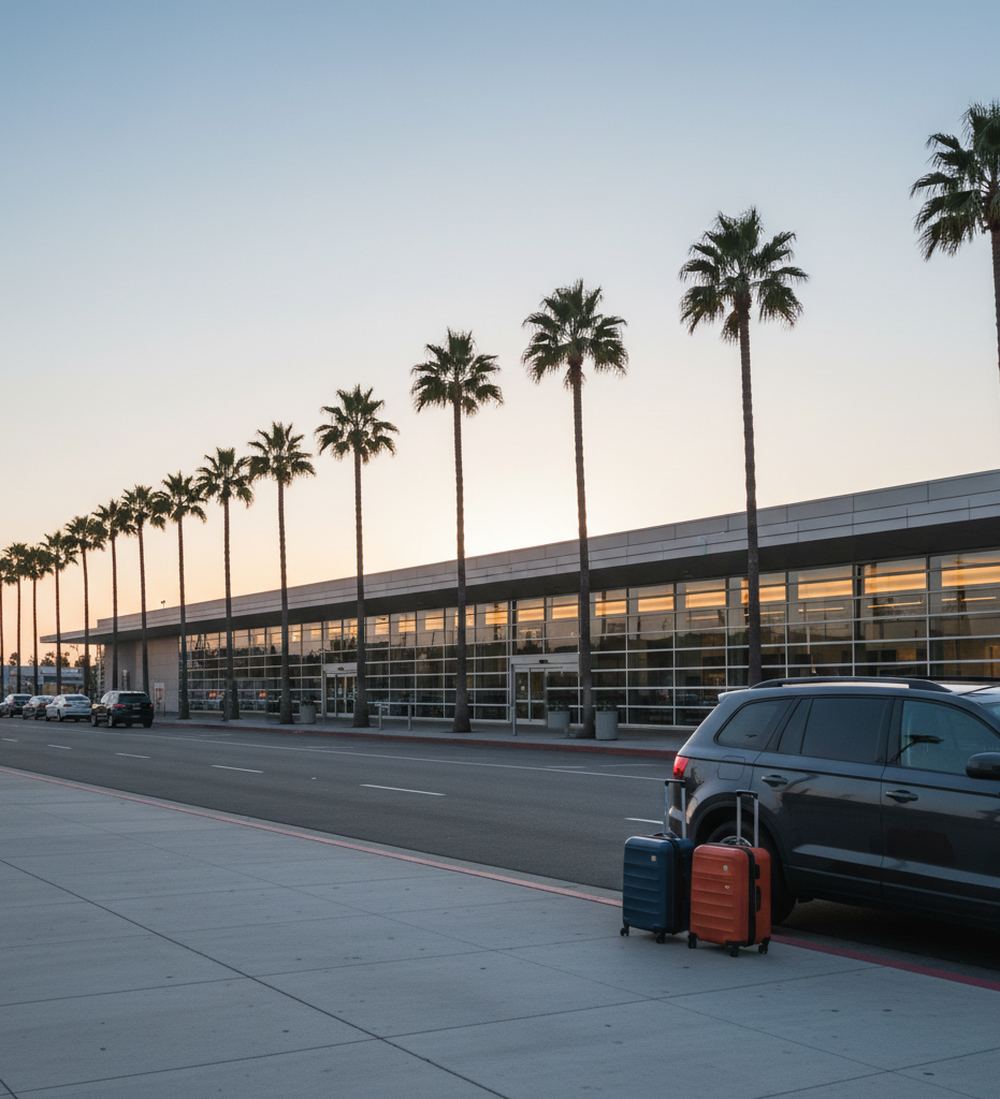 Navy and orange suitcases beside a dark SUV at a curb outside a low glass terminal lined with palms at sunset