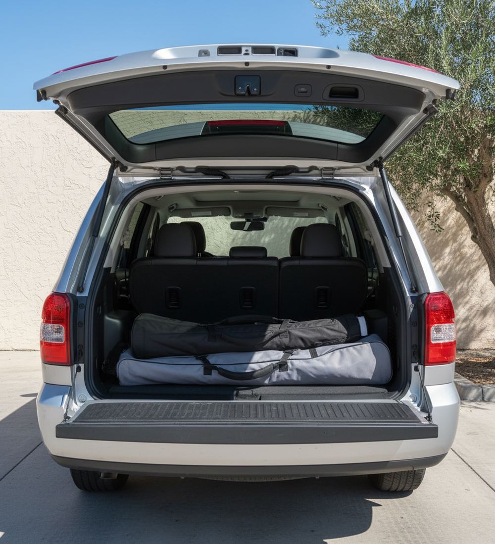 Two long padded gear bags, one black and one gray, in the open cargo area of a silver SUV beside an olive tree